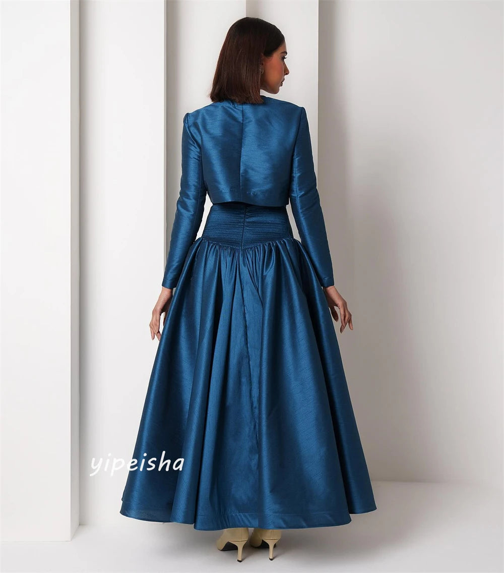 Draped Satin A-Line Engagement Dress | Bespoke Occasion Ankle-Length Gown | Modern Full-Sleeve O-Neck Non-Spot Evening Dress Luxegan