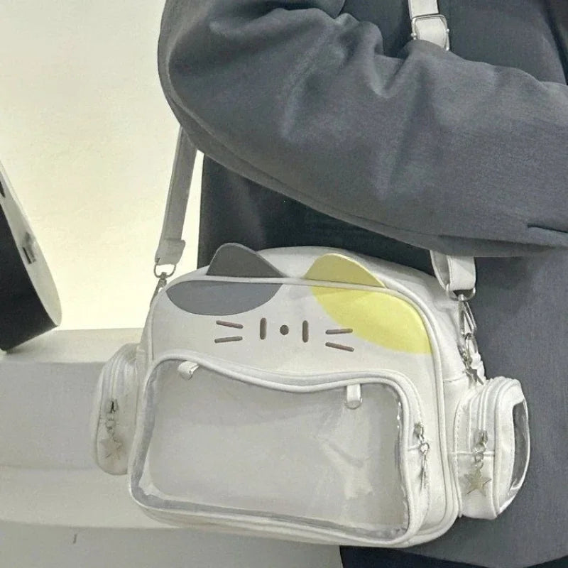 Women’s Fashion Y2K Cat Ita Bag | Sophisticated Korean & Japan Kawaii Backpack | Elegant PU Leather Cute Girls' Handbag | Aesthetic Transparent Pocket Shoulder & Crossbody Bag Luxegan