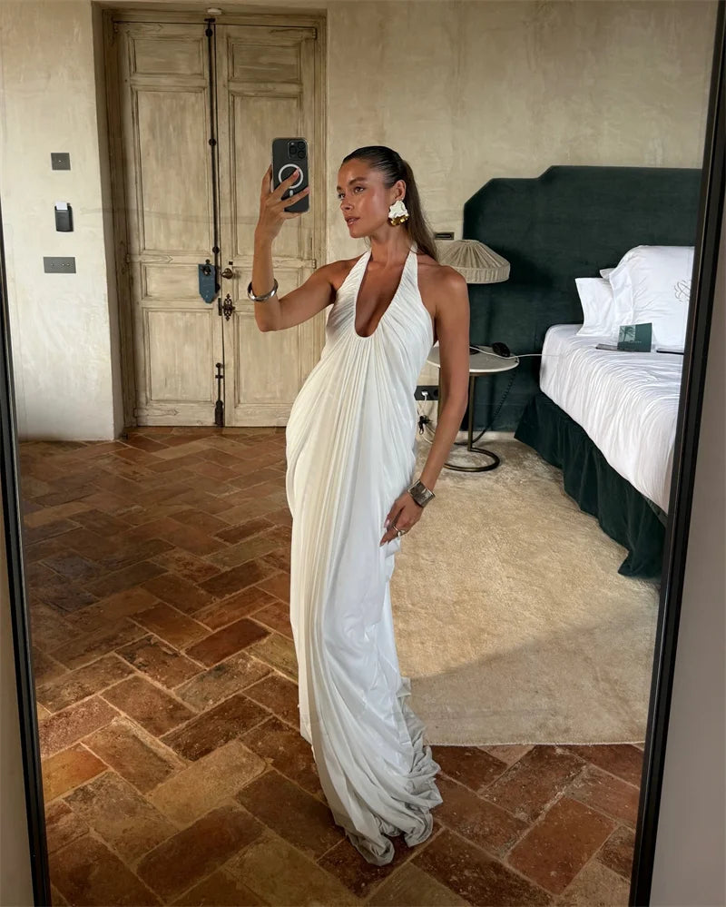 Mozision Mesh Halter Backless Sexy Maxi Dress Women Gown Fashion Elegant V Neck Sleeveless Pleated Club Party Long Dresses