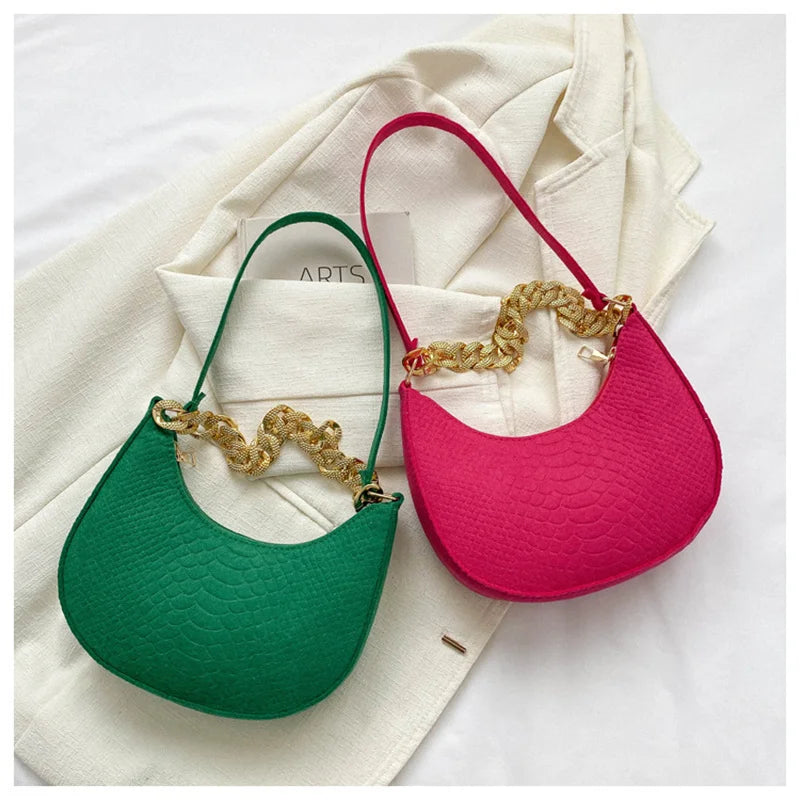 Fashion Women's Felt Handbag | Imitation Metal Chain Underarm Bag (Retro Ladies Solid Color Shoulder Bag, Trendy Casual Clutch Purse) Luxegan