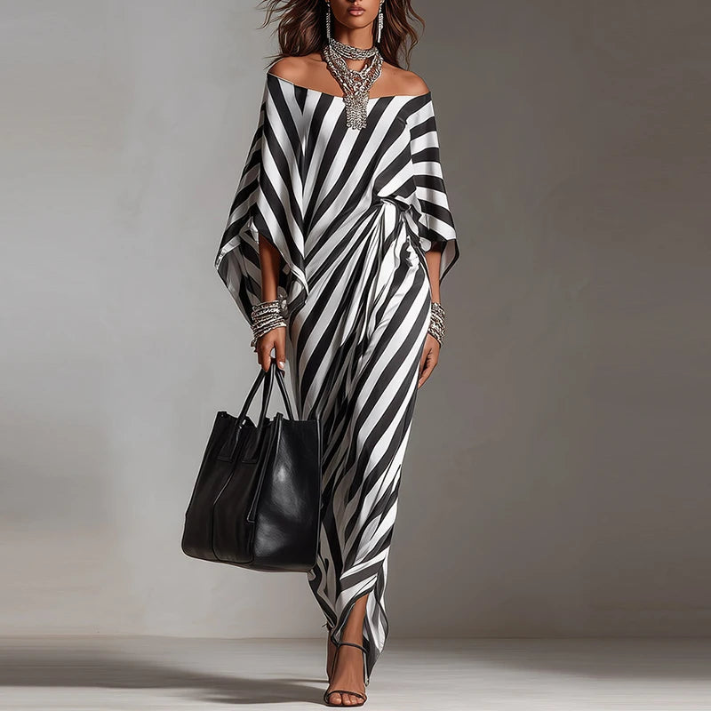 Off-Shoulder Half Sleeve Printed Loose Boho Midi Dress | Elegant Beach Holiday Maxi Dress Luxegan
