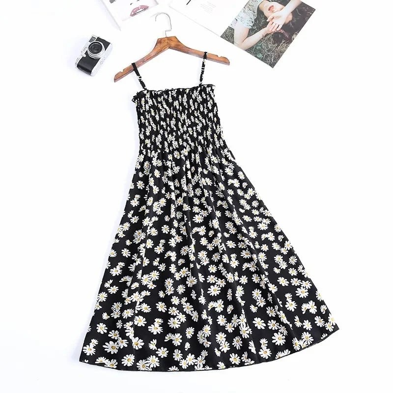 Floral Chiffon Spaghetti Strap Mini Dress | Ruffled Slash-Neck Elastic Waist Sundress | Tiered Spring/Summer Slim Fit A-Line Dress Luxegan