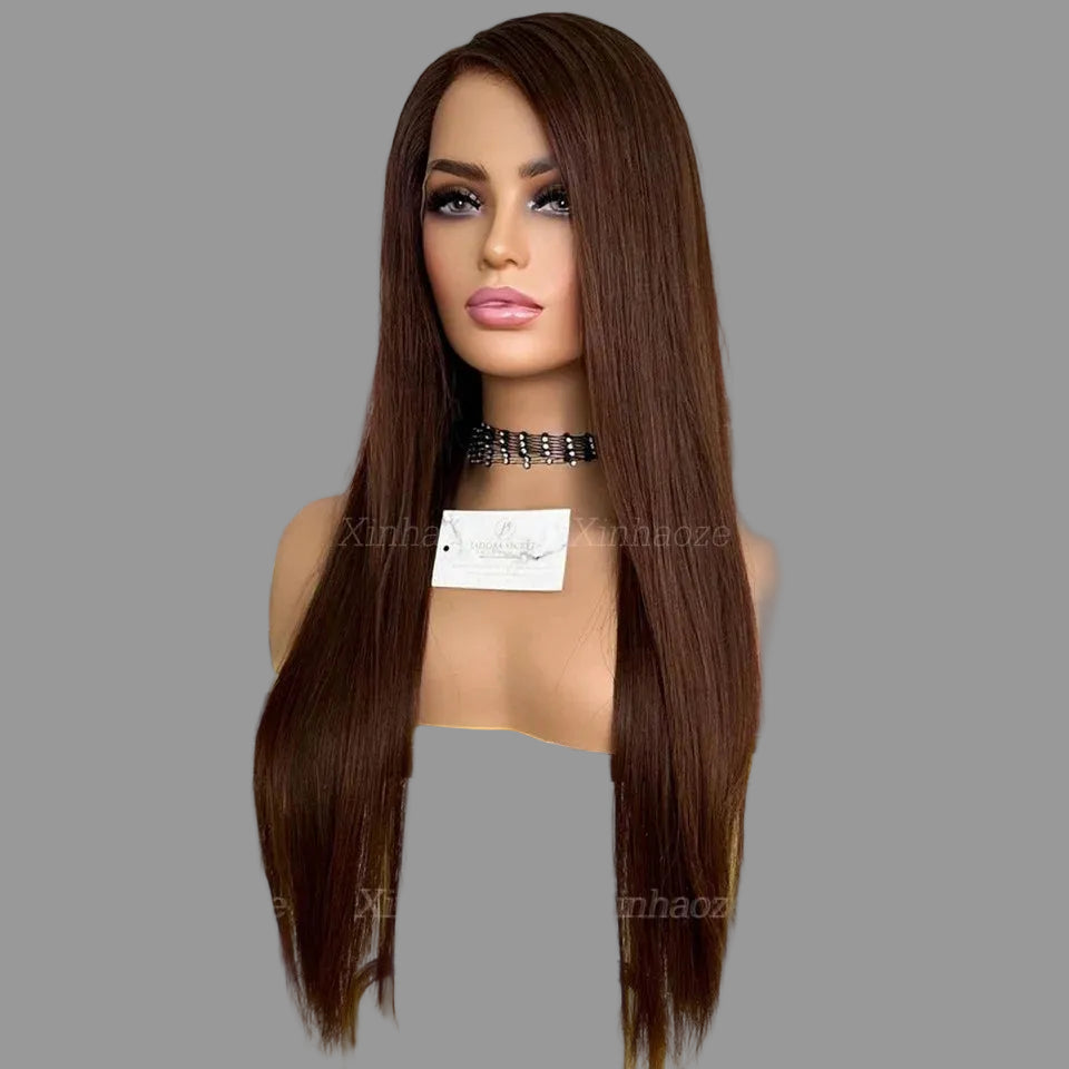 Dark Chestnut Brown Straight Wig | Sophisticated 13x4 Silk Top &amp; 360 Full Lace | Elegant "Scalp-Like" Brazilian Human Hair | "Dignified" 26+ Inch Pre-Plucked Remy Wig for Radiant Versatile Styling Luxegan