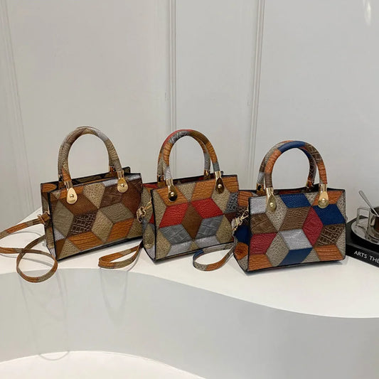 Fashion Patchwork PU Leather Top-Handle Bag | Trendy Square Design Ladies Handbag | Casual Daily Crossbody Shoulder Bag | Designer Applique Satchel for Women (Model E553) Luxegan