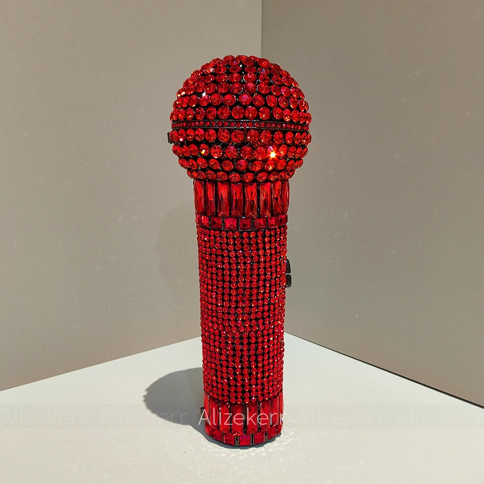 Gorgeous Microphone-Shaped Evening Bag | Unique Diamond-Encrusted Metal Clutch | Luxury Rhinestone Handbag for Parties, Weddings, & Red Carpet Events Luxegan