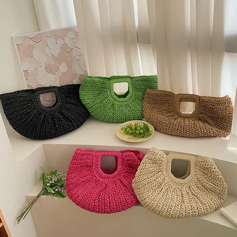 Summer Straw Women Half-moon Beach Handbag | Rattan Handmade Handle & Knitted Tote Bag Luxegan