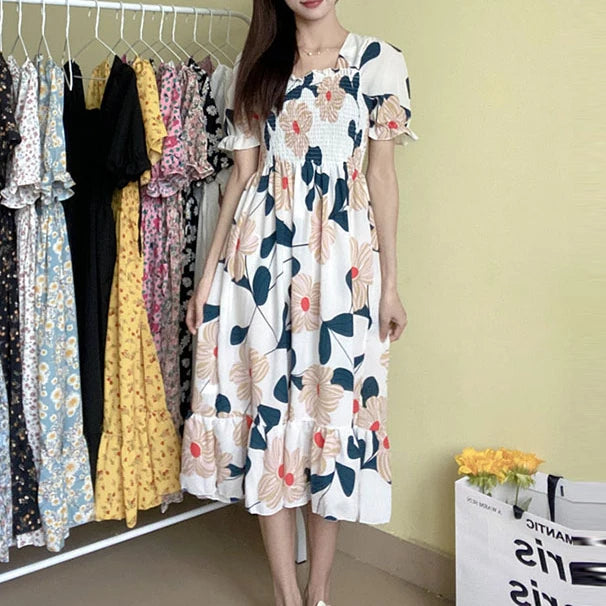 Women's Printed Chiffon Short-Sleeve Dress | Elastic-Waist Pleated A-Line Summer Dress | Slash-Neck Knee-Length Casual Slim-Fit Gown Luxegan