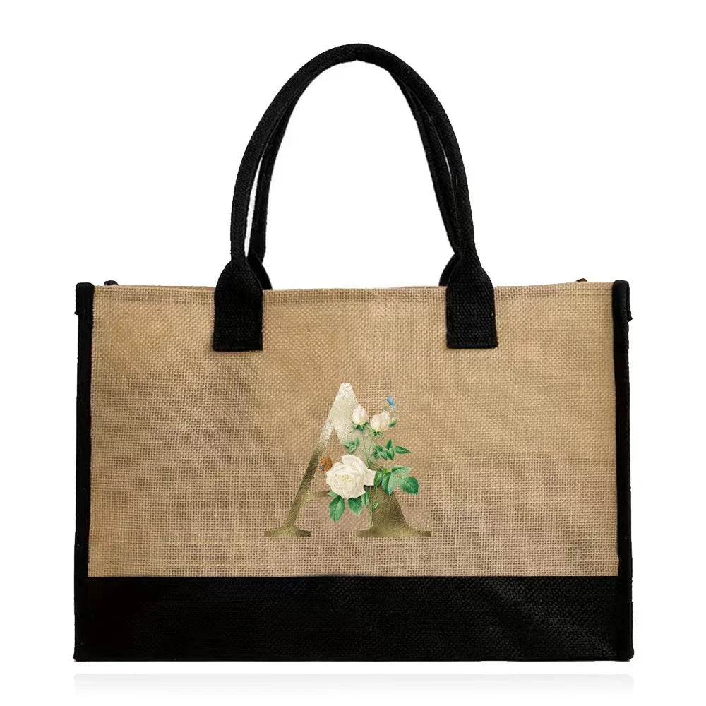 Handmade Jute & Canvas Beach Shopper | Large Capacity Portable Grocery Organizer | Eco-Friendly Woven Women’s Handbag with Golden Flower Pattern Luxegan