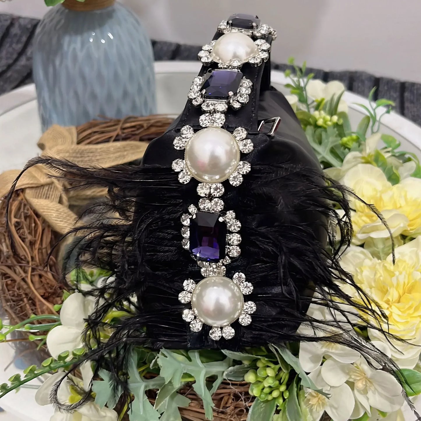 Luxury Feather & Pearl Evening Clutch | Designer Satin Wedding Purse with Diamond Decoration | Fashionable Sparkling Square Party Tote | Elegant White Satin Flap Handbag Luxegan