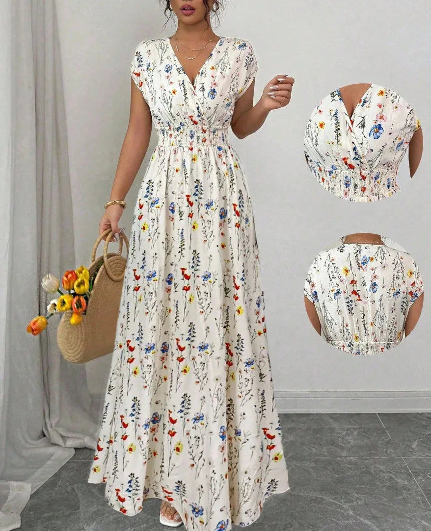 Print Casual V-Neck Short Sleeve Regular Fit Loose Knee-Length Dress – Polyester and Cotton, Natural Waist, Spring/Summer Luxegan
