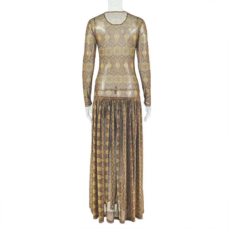 Vintage Printed Sexy See Through Mesh Women Dress Long Sleeve O Neck Slim Waist Big Hem Long Maxi Dress