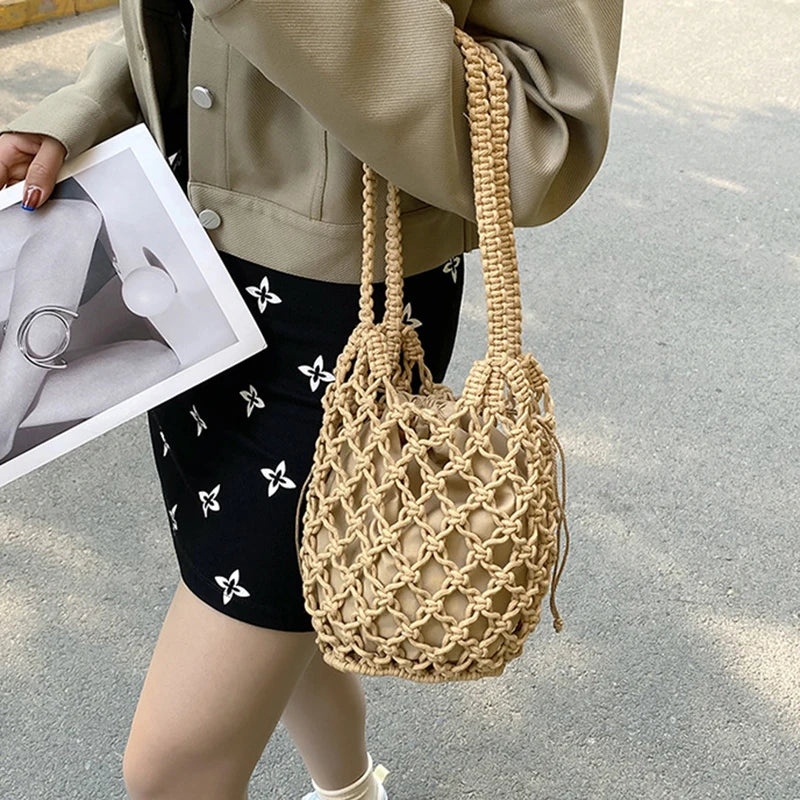 Small Design Straw Woven Bag Women New Summer High Grade Handbag | Water Bucket Bag Hot Selling Westernized Beach Crossbody Bag Luxegan