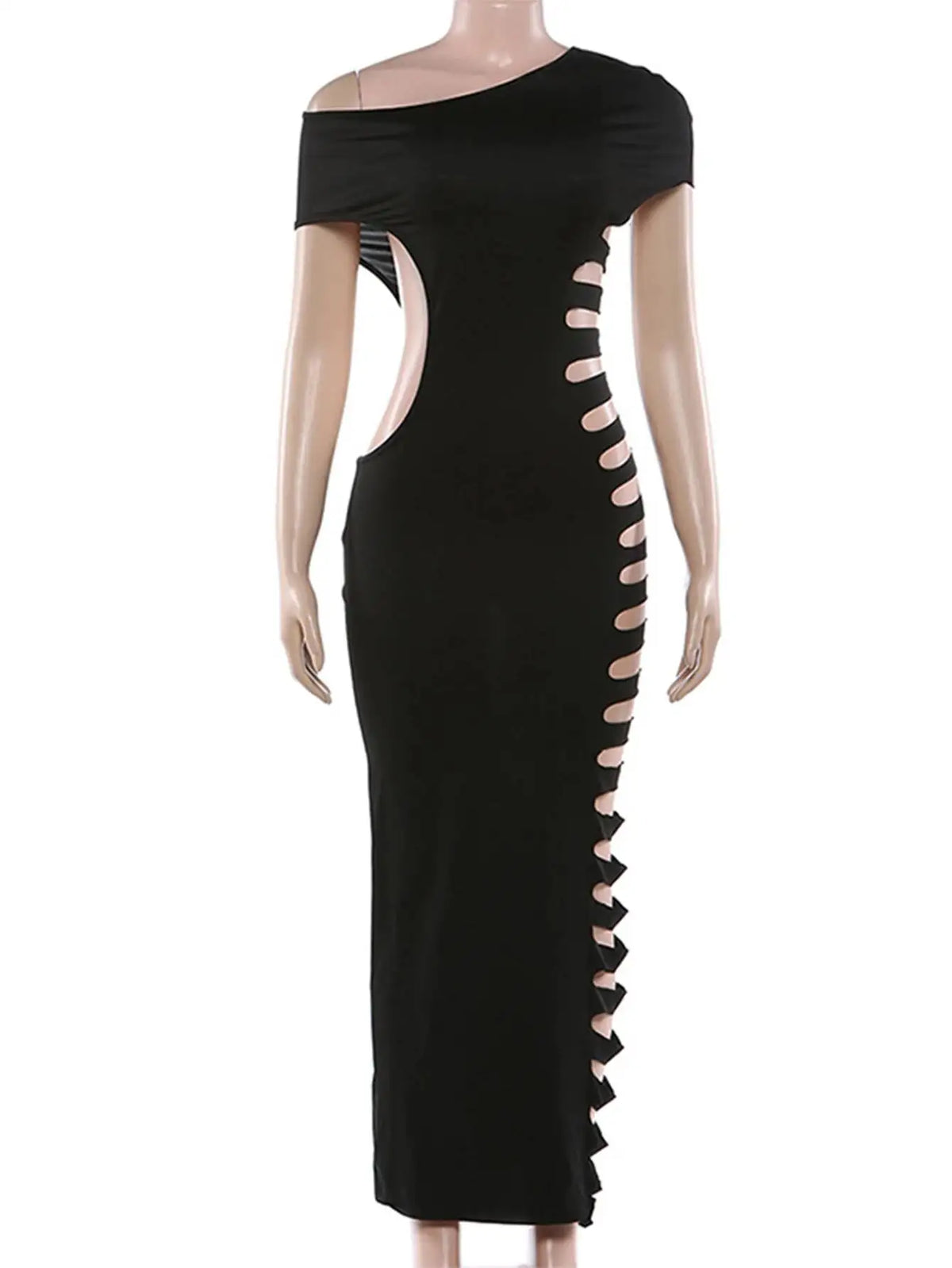 Solid O-Neck Short Sleeve Hollow-Out Slim Fit Sheath Maxi Dress – Natural Waist, Summer Luxegan