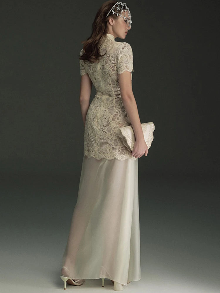 Lapel Lace Hollow Out Gauze Patchwork Short Sleeve Maxi Dress | Elegant A-Line Evening Party Dress Luxegan