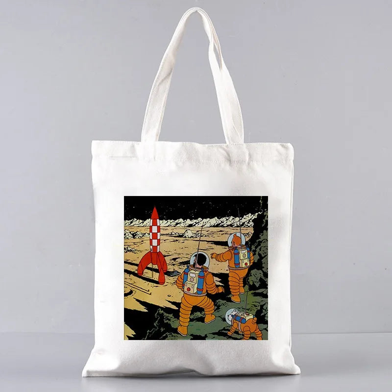 Soft Tintin Cartoon Canvas Large Capacity Tote | Open-Top Shopping Bag Luxegan