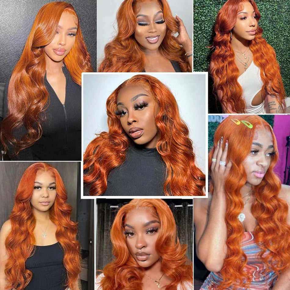 Ginger Orange Body Wave HD Lace Frontal Wig | 100% Brazilian Human Hair Glueless Wig | 30-40 Inch High-Density Pre-Plucked Transparent Swiss Lace Frontal Wig Luxegan