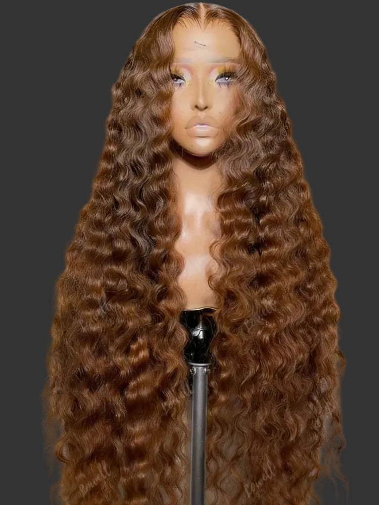 30-Inch Chocolate Brown Loose Deep Wave HD Lace Wig | Sophisticated 13x6 &amp; 13x4 Transparent Frontal | Elegant "100% Brazilian Remy" Silhouette | "Dignified" Pre-Plucked Curly Human Hair for Radiant Versatile Styling Luxegan