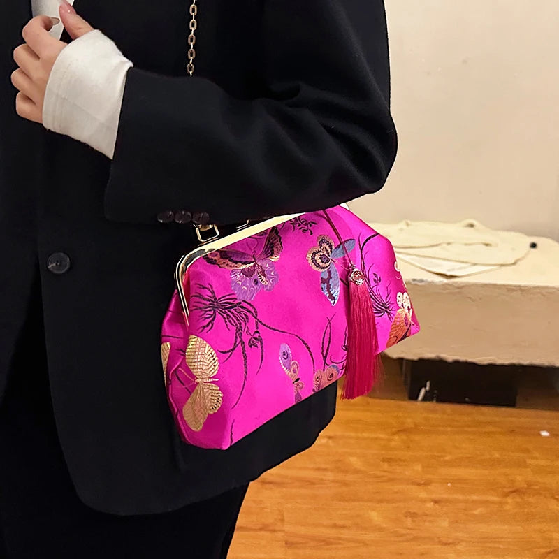 Luxury Embroidery Vintage Evening Bag | Wedding Style Floral Handbag with Tassel Design | National Fashion Shoulder & Crossbody Bag with Bamboo Fiber Lining Luxegan