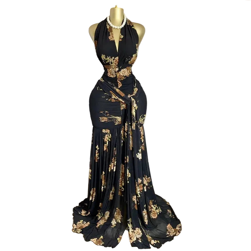 Floral Halter Backless Maxi Dress | V-Neck Ruched Ruffles Fit & Flare Party Dress Luxegan