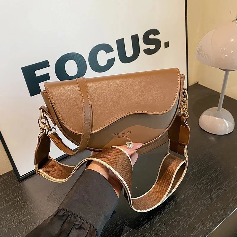 Vintage PU Leather Crossbody Bag | Small Saddle Shoulder Bag with Wide Strap & Flap Design Luxegan