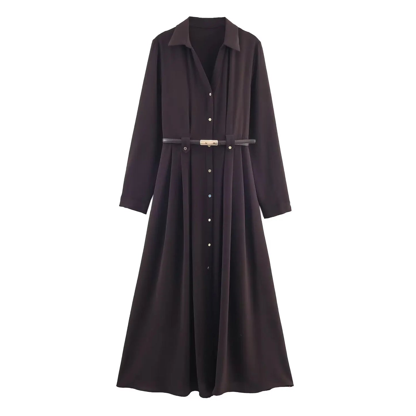 Fall Elegant Vintage Coffee Belted Long Dress | Premium Single-Breasted V-Neck Slim Fit Dress | Autumn Fashion Dinner Party Ladies Dress | Model W101211924 Full Sleeve Ankle-Length A-Line Gown Luxegan