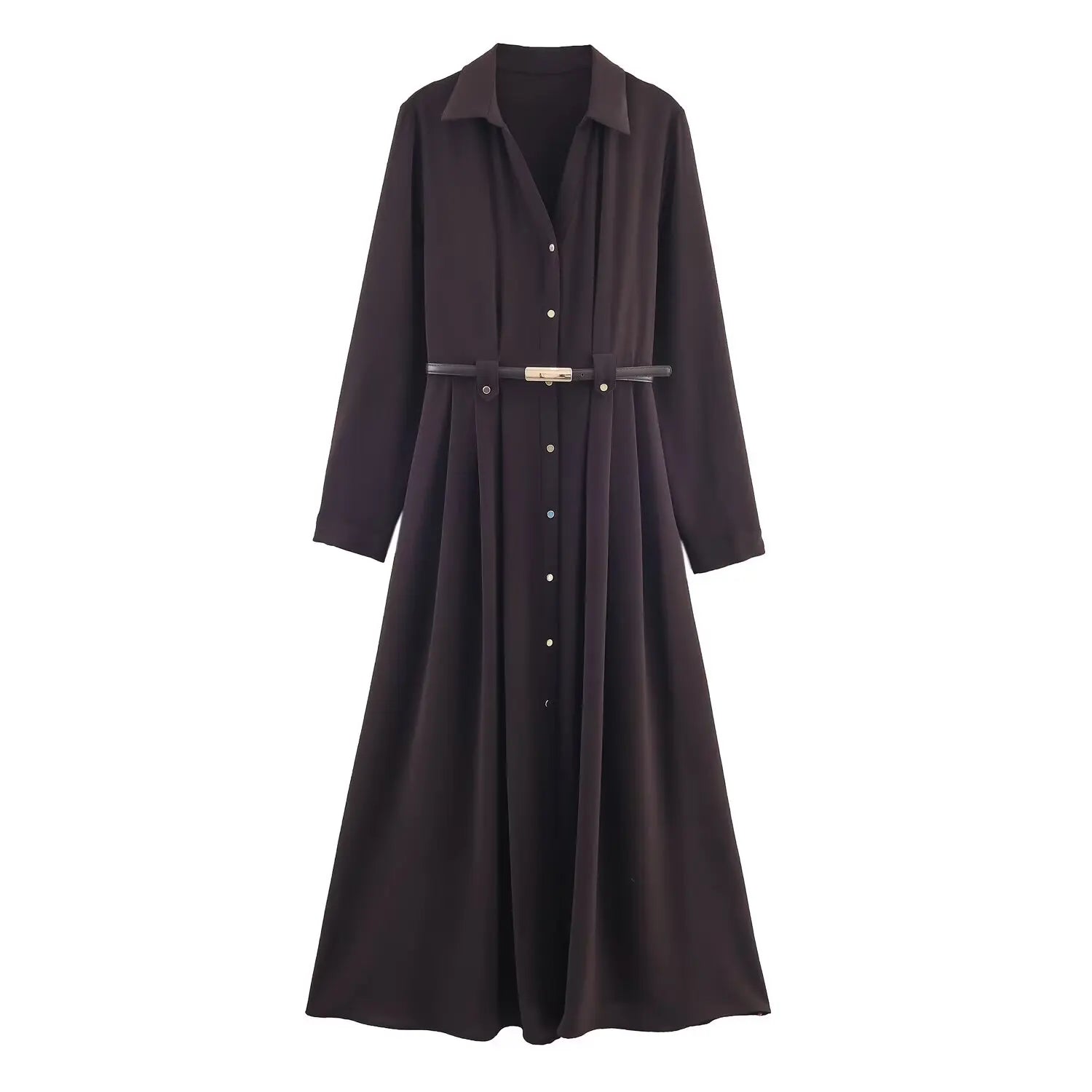 Fall Elegant Vintage Coffee Belted Long Dress | Premium Single-Breasted V-Neck Slim Fit Dress | Autumn Fashion Dinner Party Ladies Dress | Model W101211924 Full Sleeve Ankle-Length A-Line Gown Luxegan