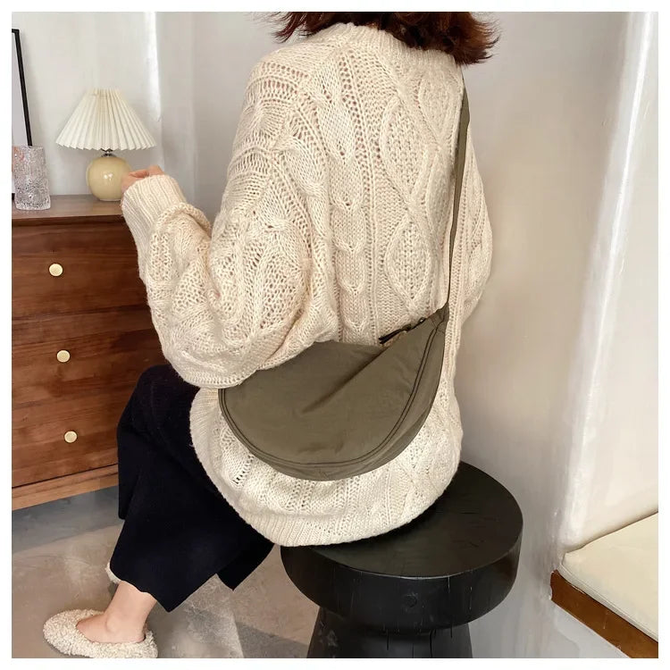 Simple Solid Color Nylon Padded Crossbody Bag | Portable Female Travel Purse & Shoulder Handbag (Messenger Style) Luxegan