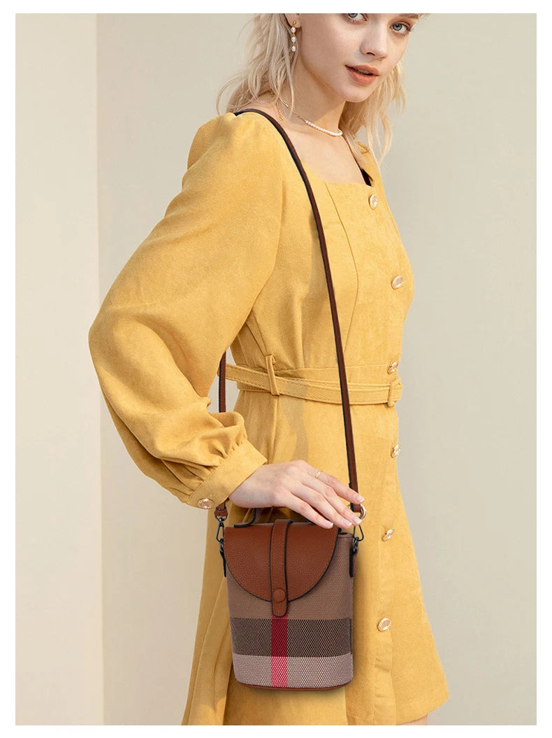 Fashionable Women's Mini Bag | Plaid Canvas & Genuine Cowhide Patchwork Handbag | Elegant Single Shoulder Crossbody & Portable Small Bag Luxegan