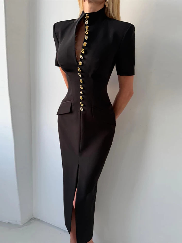 Elegant Solid Buttons Long Dress Women Waist Cinched Shoulder Pads High Collar Slit Dresses 2026 Spring Summer Lady Party Robes