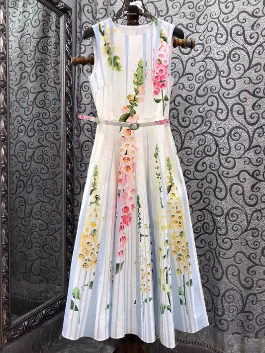 Floral Stripe Print Sleeveless Maxi Dress | A-Line Empire Waist Party Dress with Belt Luxegan