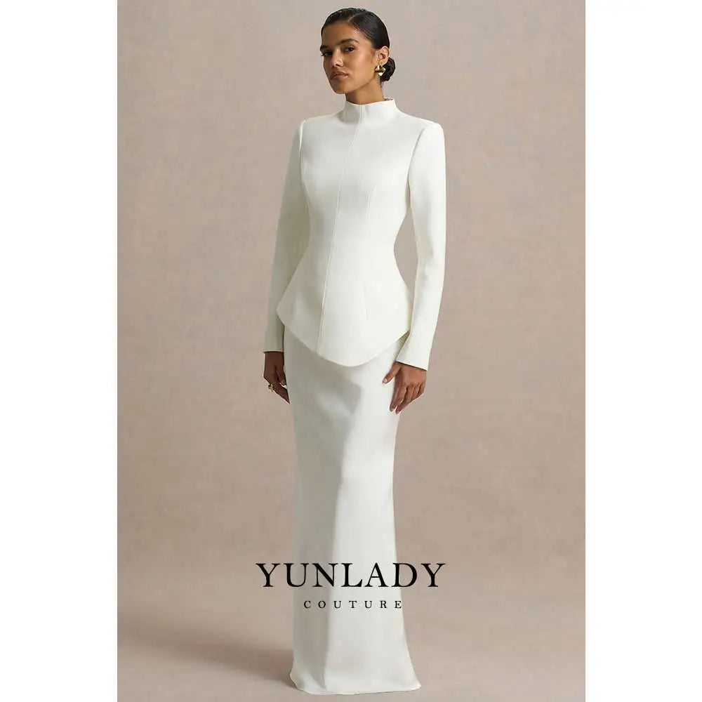 YUNLAN Gorgeous Saudi Arabian Ivory High Neck Custom Satin Wedding Dress 2025 Muslim Women's Formal Party Black Long Sleeve Gown