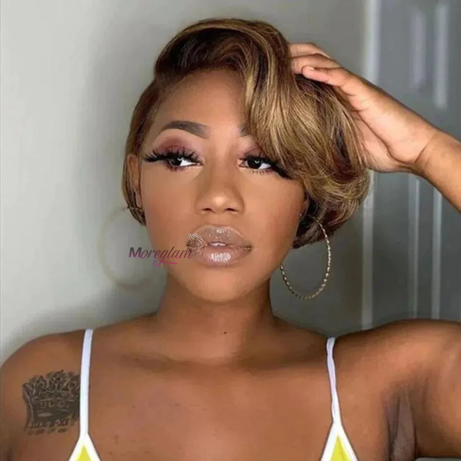 Short Bob Wig Pixie Cut Wig Straight Human Hair Wig 13X4 Transparent Lace Frontal Wig For Women Highlight Straight Pixie Cut Wig