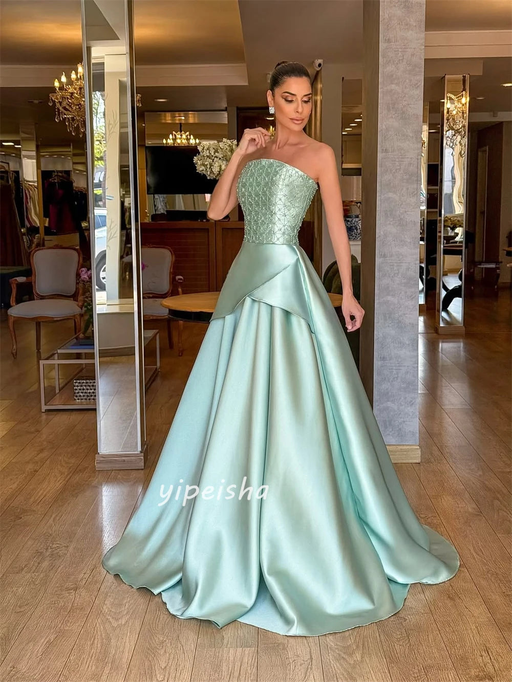 High-Quality Intricate Charmeuse Beading Gown | Strapless Ruched A-Line Long Dress | Elegant Floor-Length Sleeveless Bespoke Formal Evening Dress Luxegan