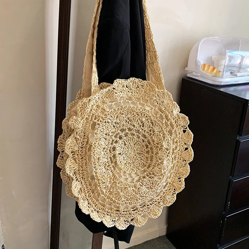 Summer Round Woven Straw Bag | Sophisticated Hollow-Out Handle Rattan Tote | Elegant Circular Beach Shoulder Bag | "Dignified" Soft Knitted Shopper for Versatile Vacation Styling Luxegan