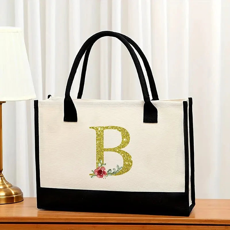 Canvas Gold Letter Fashion Tote Bag | Trendy Metallic Initial Handbag | Large Capacity Canvas Shopping Bag & Daily Satchel for Women Luxegan