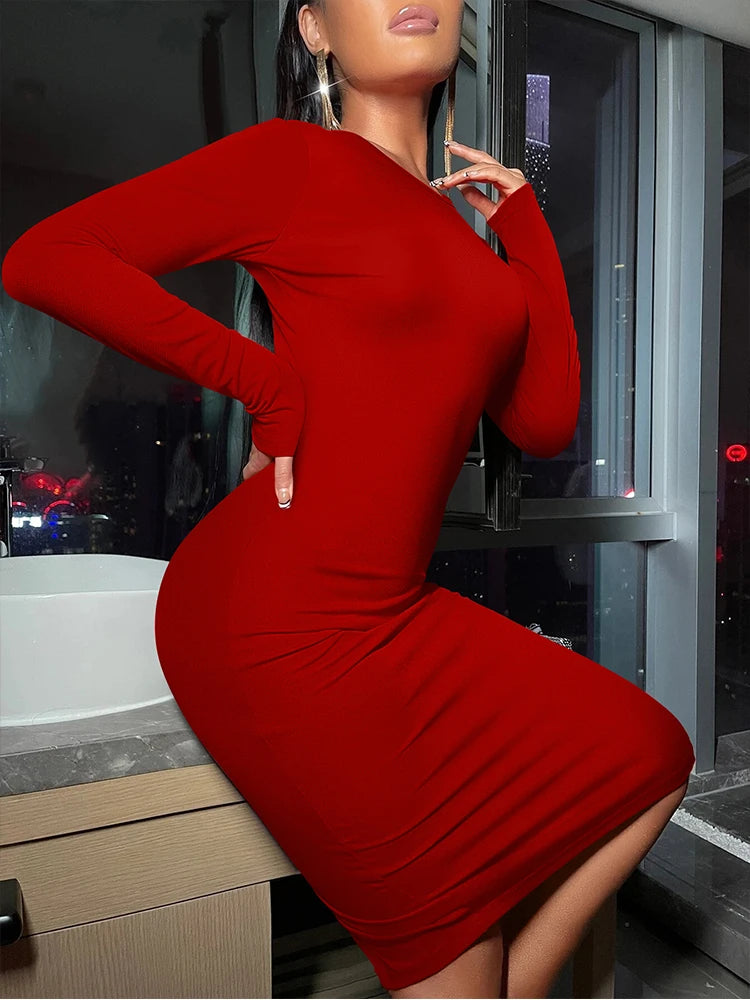 Women's Sexy Solid Color Long Sleeved Bodycon Dress | New Highly Elastic Wrapped Midi Dress | Elegant Slim Fit Wrist-Sleeve Sheath Dress | Autumn O-Neck Premium Knit Gown Model RM300 Luxegan