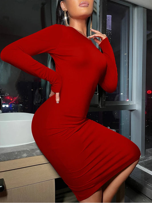 Women's Sexy Solid Color Long Sleeved Bodycon Dress | New Highly Elastic Wrapped Midi Dress | Elegant Slim Fit Wrist-Sleeve Sheath Dress | Autumn O-Neck Premium Knit Gown Model RM300 Luxegan