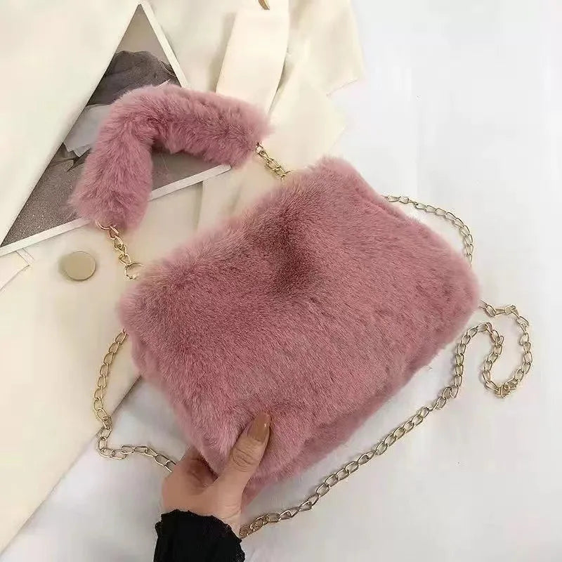Fashion Women's Fluffy Shoulder Bag | Female Winter Chain Underarm Bag & Soft Plush Handle Handbag (Solid Color) Luxegan