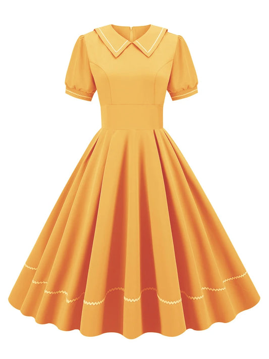 Sailor Collar Short Sleeve Pleated High Waist A-Line Swing Dress | Vintage Elegant Evening Dress Luxegan