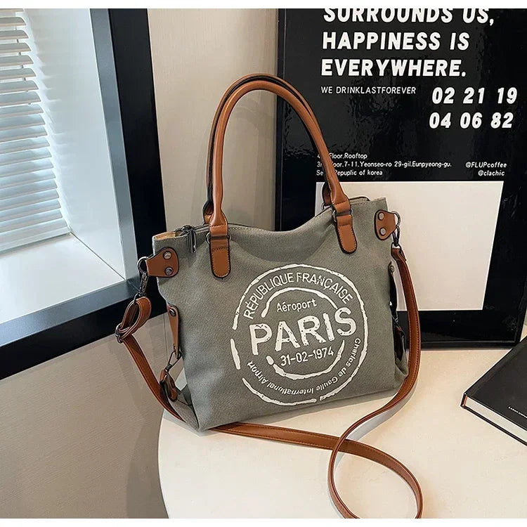 Large Women Stylish Crossbody Bag | Retro Canvas Tote Bag & Vintage Paris Stamp Print Luxegan