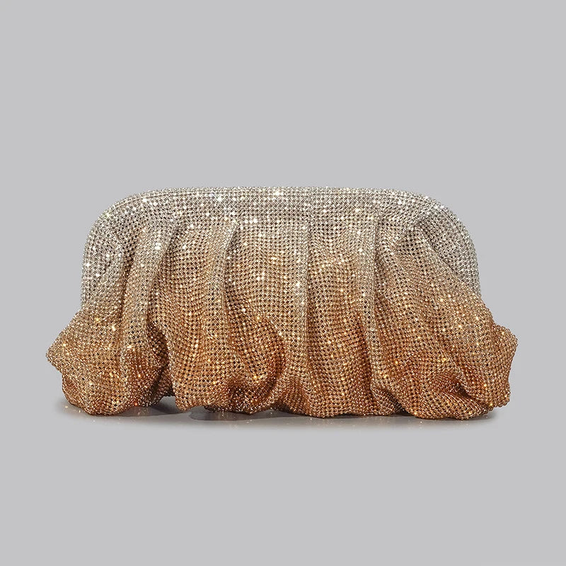 Shiny Ruched Rhinestone Evening Clutch | Designer Gradient Love Hearts Party Bag | Sparkling Diamond Encrusted Female Purse | Luxury Metallic Fashion Clutch for Weddings & Gala Events Luxegan
