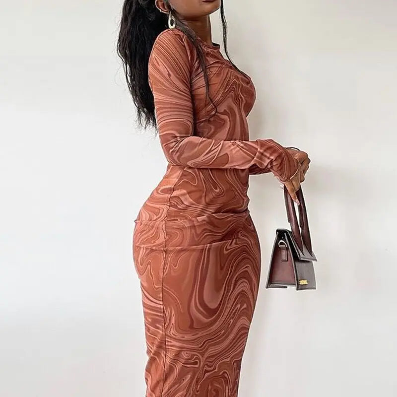 Printed Long Sleeve Slim Pencil Dress – Crew Neck, Ankle-Length, Autumn/Winter Luxegan
