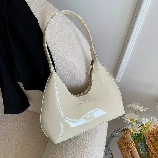 Trendy Designer Patent Leather Shoulder Bag | Sophisticated Solid Underarm Handbag | Elegant Fashion Hobo Purse | "Dignified" High-Shine PU Tote for Modern Urban Styling Luxegan