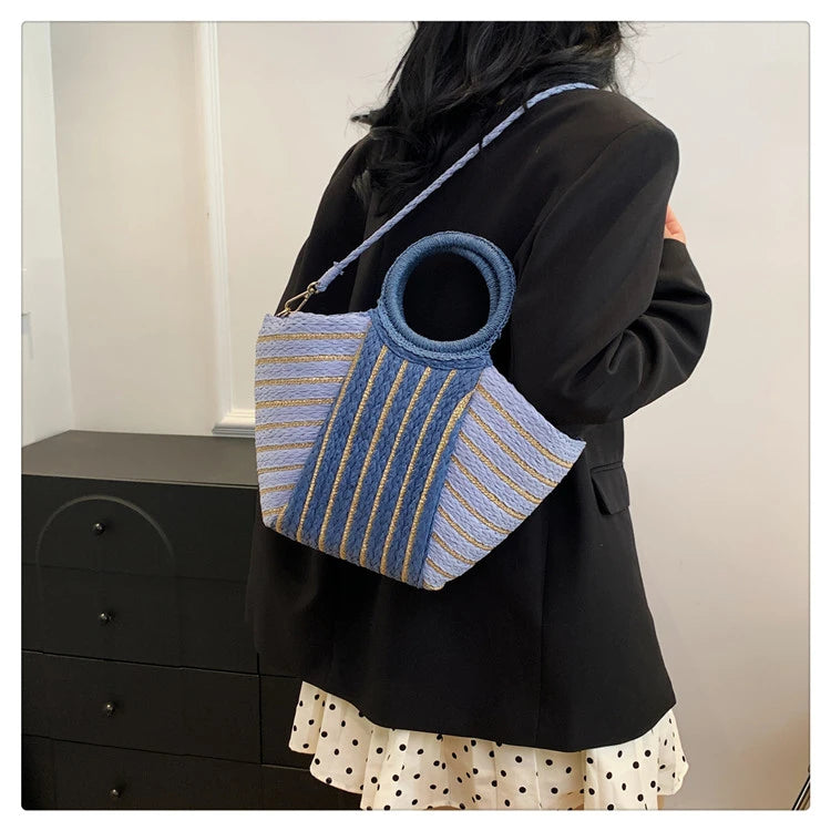 Large Capacity Straw Braid Handbag | Fashion Color-Matching Striped Shoulder Bag | Designer Style Casual Tote & Versatile Summer Beach Bag for Women Luxegan