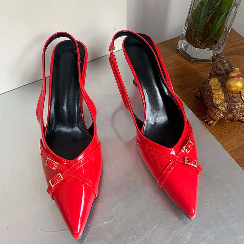 Red Fashion Slingback Heels | Sophisticated 5cm–8cm Thin High Heels | Elegant "Red Solid PU" Silhouette | "Dignified" Round Toe Buckle Strap Pumps for Radiant Versatile Styling Luxegan