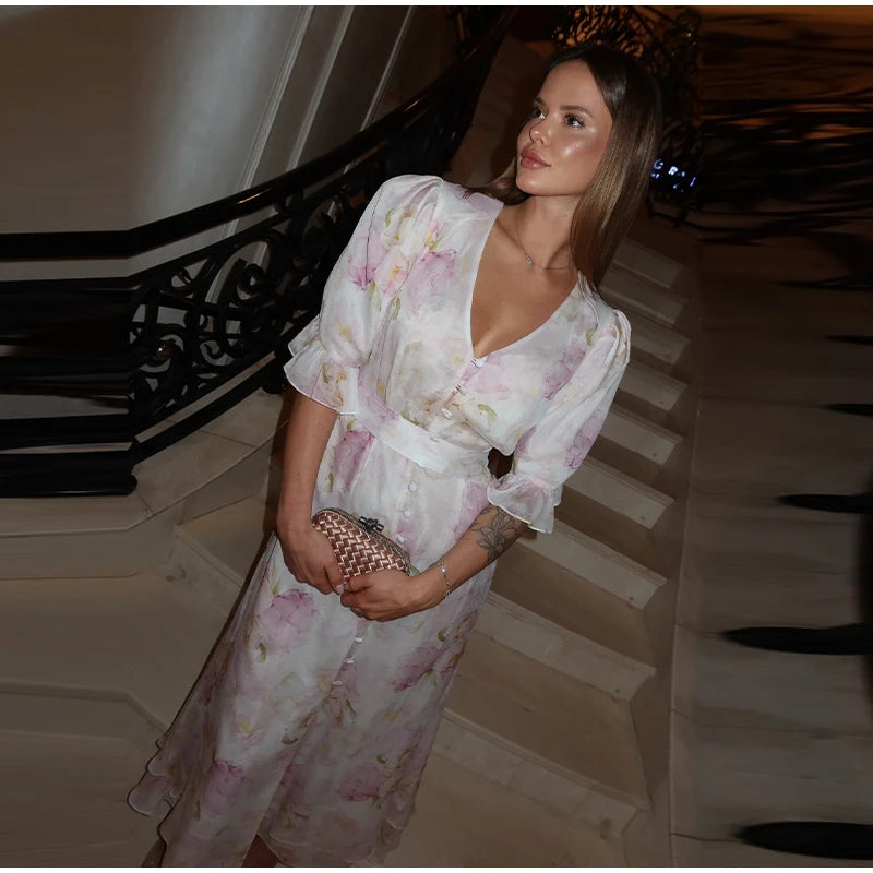 Organza Floral Printed Maxi Dress V-Neck  Puff Sleeve 2026 Spring/Summer Romantic Women Party Gown Fashion Elegant Lady Vestidos