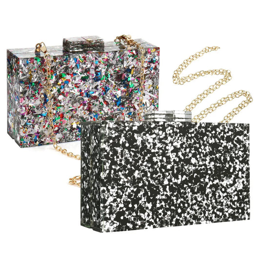 Women’s Multicolor Geometric Evening Clutch Bag | Trendy Acrylic Rectangle Banquet Party Purse | Fashion-Forward Box Shape Crossbody Bag | Elegant Party Handbag with Chain Strap Luxegan