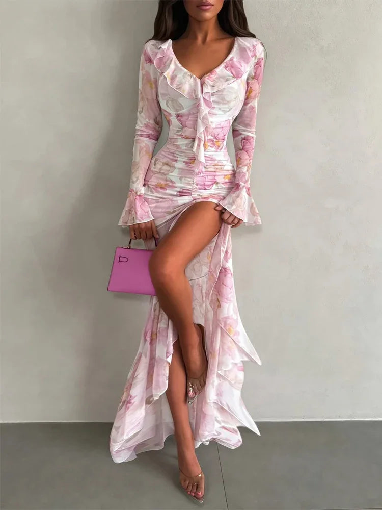 Flutter Sleeves Slim Long Dress Women Casual Pleated Deep V-neck Floral Print High Waist Dresses 2026 Lady Summer Holiday Wear