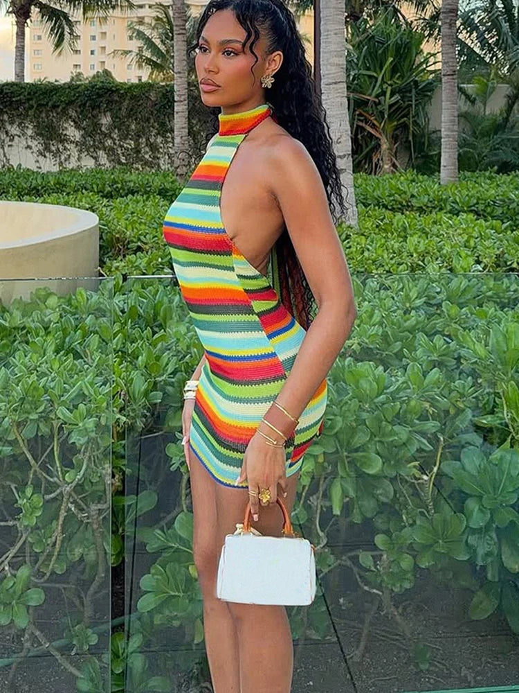 Striped Patchwork Bandage Halter Mini Dress | Sexy Backless Off-Shoulder Bodycon | Streetwear Slim Fit Medium Stretch Sheath Luxegan