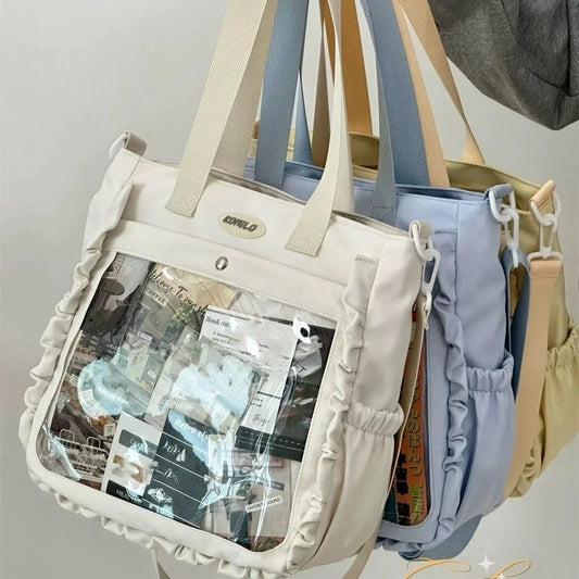 Cute Ulzzang Ita Bag | Large Capacity Nylon Tote Shoulder Bag | Japanese Harajuku College Crossbody with DIY Badges Display Plate Luxegan